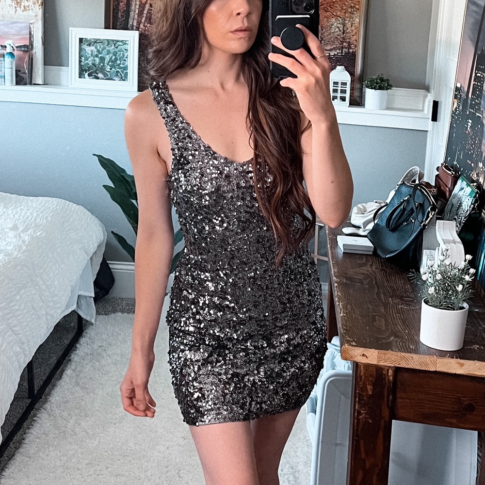 Amber blue sequin tank strappy sexy party club bodycon mini tight dance dress L